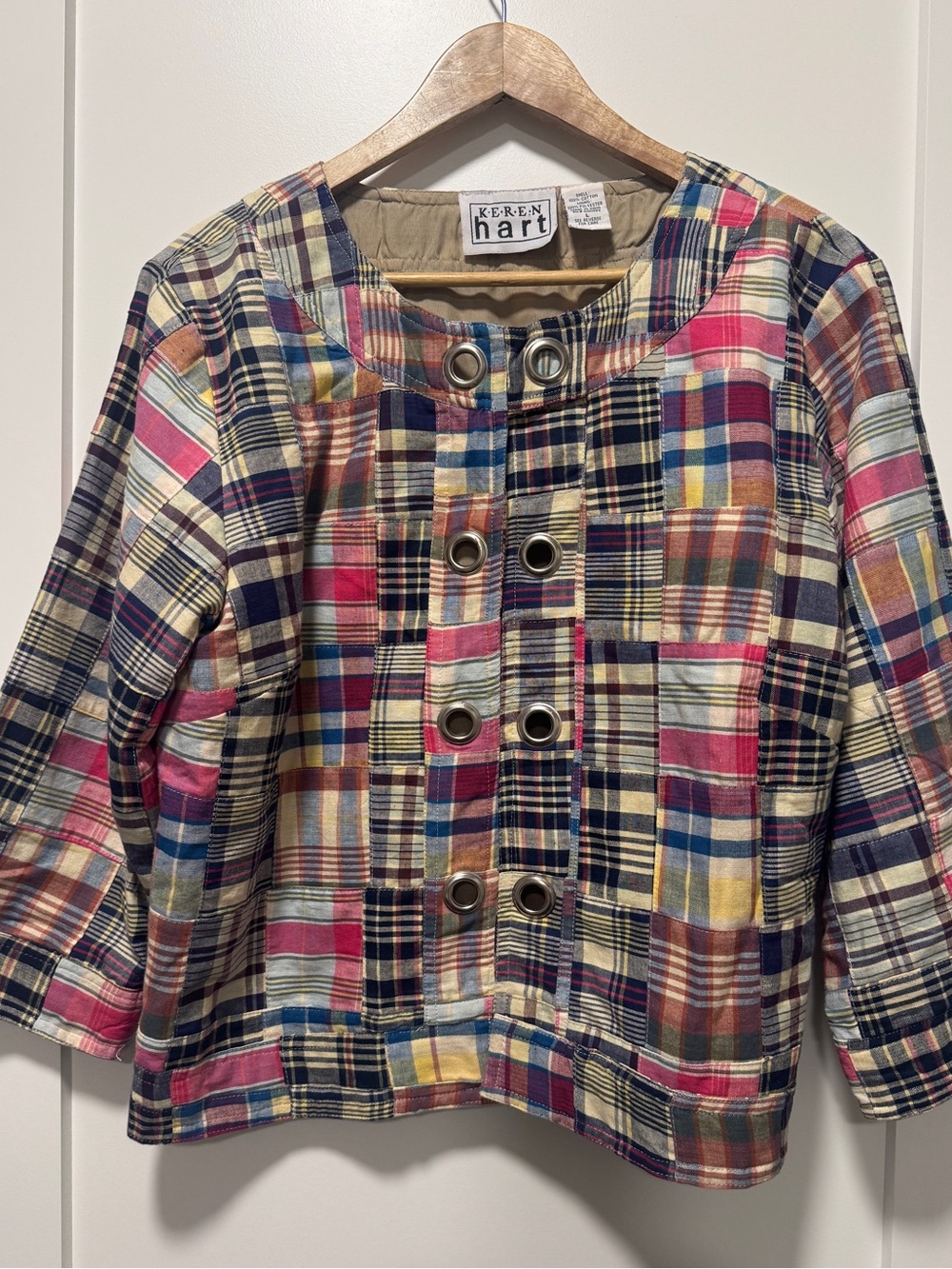 Keren Hart Plaid Jacket Small Patchwork Madras Open Front Grommet 3/4 Sleeve